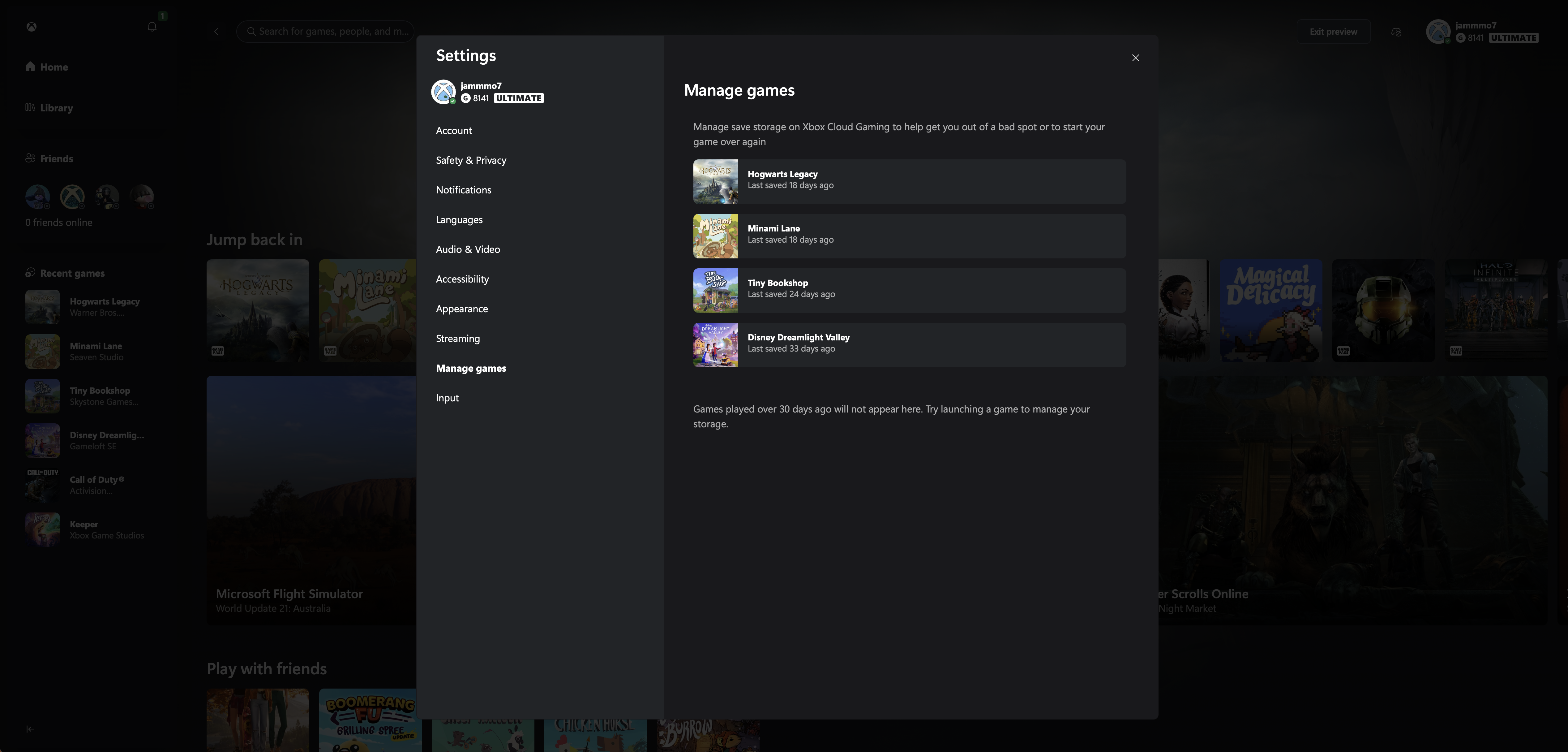 Xbox Settings Manage Games interface