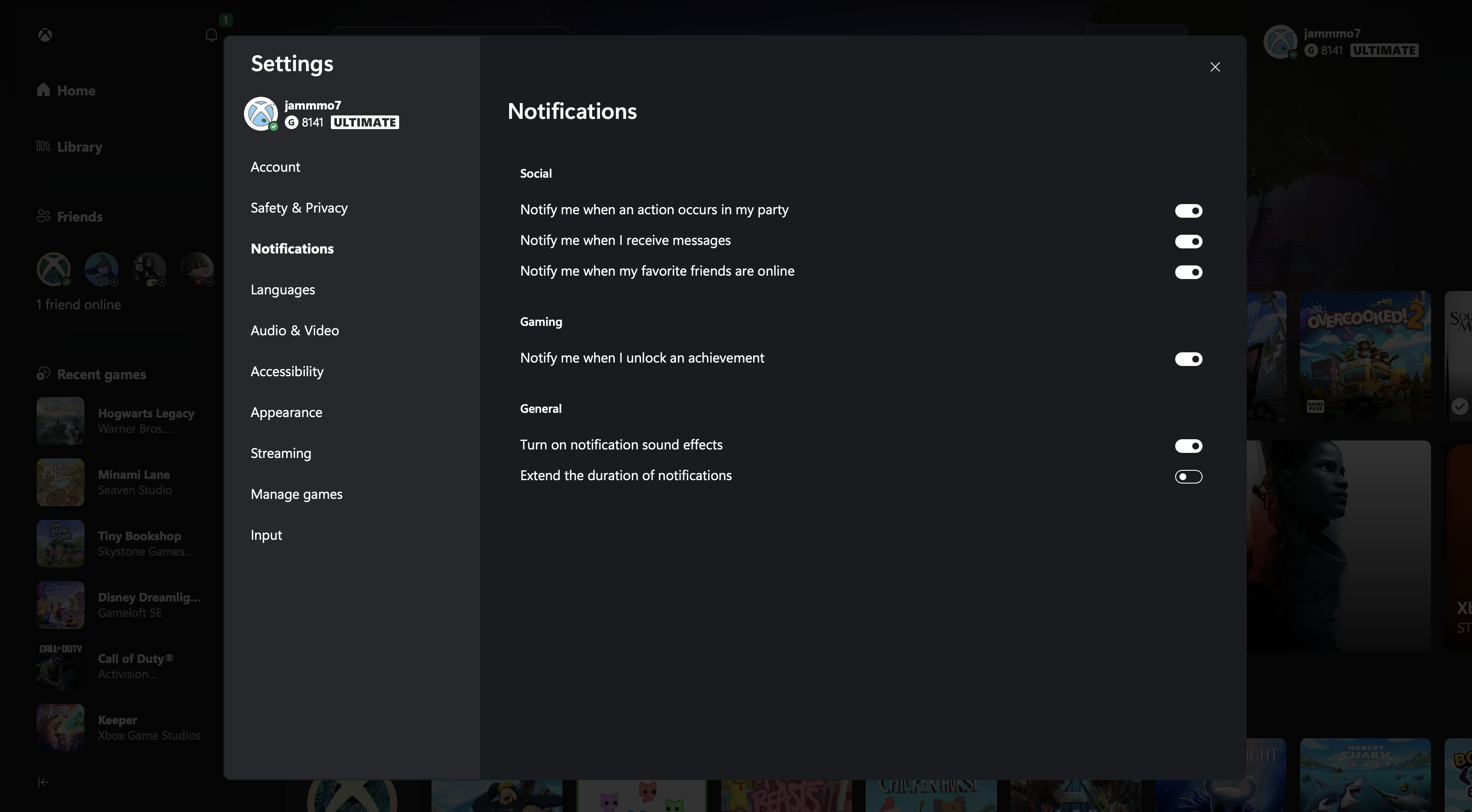 Xbox Settings Notifications Page interface